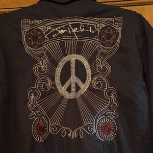 Men's Black Embroidered Peace Sign Shirt